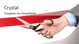  Presentation with ribbon cutting - Slide set featuring opening ceremony - cutting red ribbon isolated background and a white colored foreground