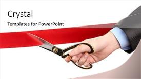  Presentation with ribbon cutting - Presentation theme featuring opening ceremony - cutting red ribbon isolated background and a white colored foreground