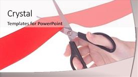  Presentation with cutting ceremony - PPT theme with opening ceremony - hand with scissors cutting red background and a sky blue colored foreground