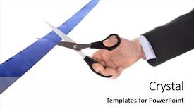  Presentation with cutting ribbon - Beautiful PPT theme featuring opening ceremony - man cutting a ribbon backdrop and a white colored foreground