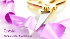  Presentation with satin - Audience pleasing presentation consisting of opening ceremony - satin ribbon curled around scissors backdrop and a pink colored foreground