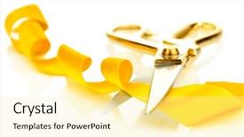  Presentation with satin - Audience pleasing PPT theme consisting of opening ceremony - satin ribbon curled around scissors backdrop and a blonde colored foreground
