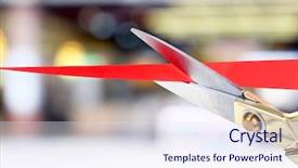  Presentation with ribbon cutting - Audience pleasing PPT theme consisting of opening ceremony - scissors cutting red ribbon close backdrop and a sky blue colored foreground