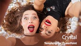  Presentation with selfie - Slide set with opening club - two excited pretty young women background and a tawny brown colored foreground