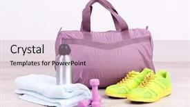  Presentation with variety of sports equipment - PPT layouts enhanced with opening educational club - sports bag with sports equipment background and a  colored foreground