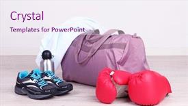  Presentation with assorted sports equipment including - Audience pleasing presentation theme consisting of opening educational club - sports bag with sports equipment backdrop and a sky blue colored foreground