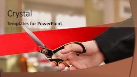  Presentation with ribbon cutting grand opening - Audience pleasing PPT layouts consisting of opening hand cutting red ribbon backdrop and a coral colored foreground