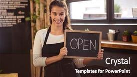  Presentation with cafeteria - Audience pleasing PPT layouts consisting of opening hours - beautiful waitress holding a sign backdrop and a wine colored foreground