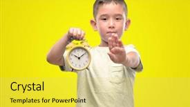  Presentation with alarm - Audience pleasing PPT theme consisting of opening hours - little child holding alarm clock backdrop and a yellow colored foreground