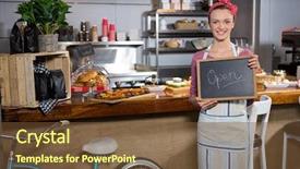  Presentation with staff - Beautiful slides featuring opening hours - portrait of a female staff backdrop and a tawny brown colored foreground