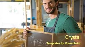  Presentation with airport boarding board - Cool new presentation theme with opening hours - portrait of male staff holding backdrop and a tawny brown colored foreground