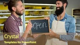  Presentation with open channel - Colorful slide set enhanced with opening hours - smiling male staffs holding backdrop and a  colored foreground