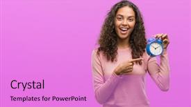  Presentation with alarm - Slides with opening hours - young hispanic woman holding alarm background and a lilac colored foreground