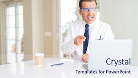  Presentation with scientist - Colorful slide deck enhanced with openness experience - middle age scientist man wearing backdrop and a sky blue colored foreground