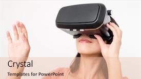  Presentation with virtual reality rehabilitation - Colorful presentation design enhanced with openness experience - woman wearing virtual reality headset backdrop and a  colored foreground