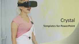  Presentation with virtual reality - Colorful theme enhanced with openness experience - young creative blond female backdrop and a  colored foreground