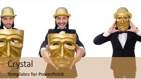 Presentation with theater black and white - Amazing PPT layouts having opera montage - man with theater mask isolated backdrop and a yellow colored foreground