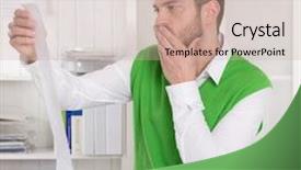  Presentation with controller - Presentation featuring operating income - pensive controller working with calculating background and a soft green colored foreground