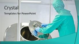  Presentation with pharmaceutical factory - Presentation theme with operating mixing machine at pharmacy background and a light gray colored foreground