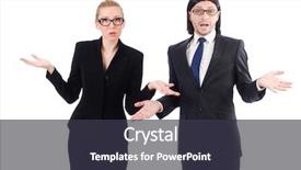  Presentation with scroll paper isolated on white - Cool new slide deck with operating model - businessman and businesswoman isolated backdrop and a  colored foreground