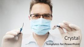  Presentation with dentist - PPT layouts consisting of operating model - dentist with dentistry tools isolated background and a soft green colored foreground