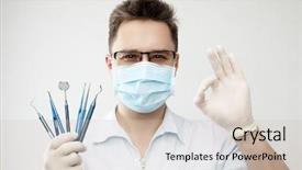  Presentation with dentist - Beautiful slides featuring operating model - dentist with dentistry tools isolated backdrop and a soft green colored foreground