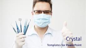  Presentation with tool belt tools - Slide set with operating model - dentist with dentistry tools isolated background and a sky blue colored foreground