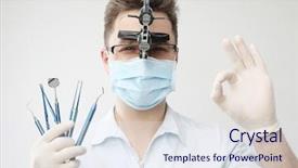  Presentation with dentist - Presentation theme featuring operating model - dentist with dentistry tools isolated background and a sky blue colored foreground