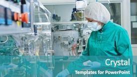  Presentation with pharmaceutical factory - Audience pleasing presentation consisting of operating production line at pharmacy backdrop and a teal colored foreground
