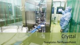  Presentation with pharmaceutical factory - PPT theme featuring operating production line at pharmacy background and a yellow colored foreground