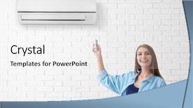  Presentation with conditioner - Slide set featuring young woman switching on air background and a white colored foreground