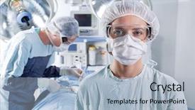  Presentation with operation theatre - Colorful slides enhanced with operation theatre - portrait of female surgeon backdrop and a light blue colored foreground