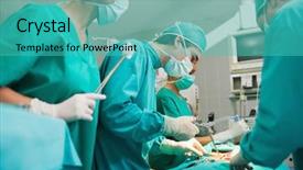  Presentation with surgical tool - Colorful presentation design enhanced with operation theatre - surgeon using surgical tool backdrop and a teal colored foreground
