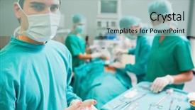  Presentation with healthcare workers - PPT layouts consisting of operation theatre - surgeon wearing bloody gloves while background and a light blue colored foreground