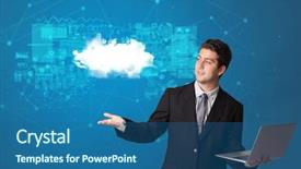  Presentation with cloud technology - Colorful slide deck enhanced with operational decisions - young smiling person presenting cloud backdrop and a  colored foreground