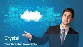  Presentation with cloud technology - Slide deck enhanced with operational decisions - young smiling person presenting cloud background and a ocean colored foreground