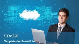  Presentation with cloud technology - Colorful presentation design enhanced with operational decisions - young smiling person presenting cloud backdrop and a ocean colored foreground