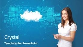  Presentation with cloud technology - Slides consisting of operational decisions - young smiling person presenting cloud background and a ocean colored foreground