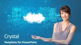  Presentation with cloud technology - Audience pleasing slide set consisting of operational decisions - young smiling person presenting cloud backdrop and a ocean colored foreground