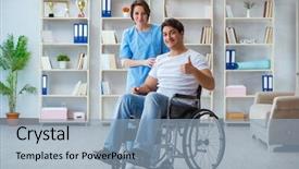  Presentation with rehabilitation - PPT theme having operational excellence - patient undergoing rehabilitation recovery programme background and a light blue colored foreground
