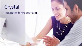  Presentation with office management - Colorful slide set enhanced with operational management - business people in modern office backdrop and a sky blue colored foreground