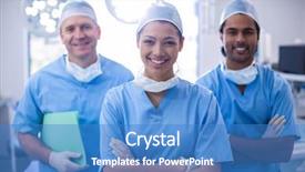  Presentation with healthcare workers - Amazing PPT theme having operational report - portrait of female surgeon standing backdrop and a teal colored foreground