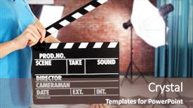  Presentation with film - PPT theme having operator holding clapperboard background and a violet colored foreground