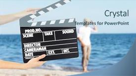  Presentation with film - PPT layouts with operator holding clapperboard background and a sky blue colored foreground