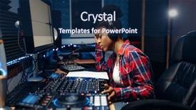  Presentation with recording studio - Presentation featuring operators - female sound operator in audio background and a navy blue colored foreground