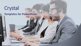  Presentation with call center reporting - Presentation design with operators with headsets in front background and a sky blue colored foreground