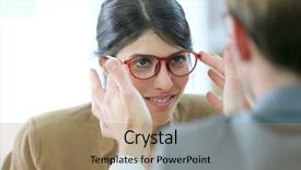  Presentation with stability testing - Cool new slide deck with ophtalmology - optician testing new eyeglasses backdrop and a coral colored foreground