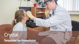  Presentation with ophthalmologist - Colorful presentation enhanced with ophthalmologist examines eyes of a teenage girl through a magnifying glass backdrop and a tawny brown colored foreground