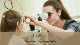  Presentation with ophthalmology - Presentation design enhanced with ophthalmology-female-doctor-checks-eyesight background and a coral colored foreground