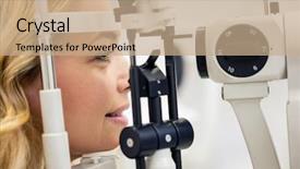  Presentation with clinic - Amazing slides having ophthalmoscope - close up of female patient backdrop and a coral colored foreground